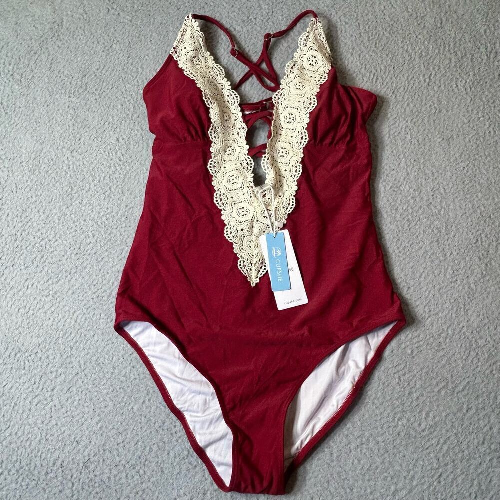 Cupshe Swimsuit Womens M Burgundy Lace Plunge One Piece‎ Swimsuit NEW